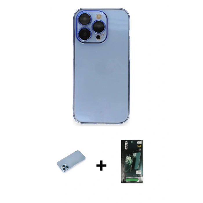 MARSİLYAN™- iPhone 13 Pro Max Kılıf Siluet Minimal Özel Seri - Şeffaf 360 Full Body Arka Koruyucu + Mavi Shine Kamera Lens Koruma Cam