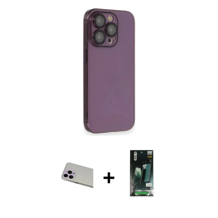 MARSİLYAN™- iPhone 13 Pro Max Kılıf Siluet Minimal Özel Seri - Şeffaf 360 Full Body Arka Koruyucu + Mor Rainbow Kamera Lens Koruma Cam