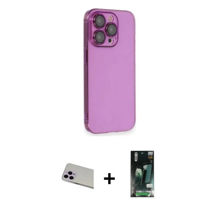 MARSİLYAN™- iPhone 13 Pro Max Kılıf Siluet Minimal Özel Seri - Şeffaf 360 Full Body Arka Koruyucu + Mor Rainbow Kamera Lens Koruma Cam