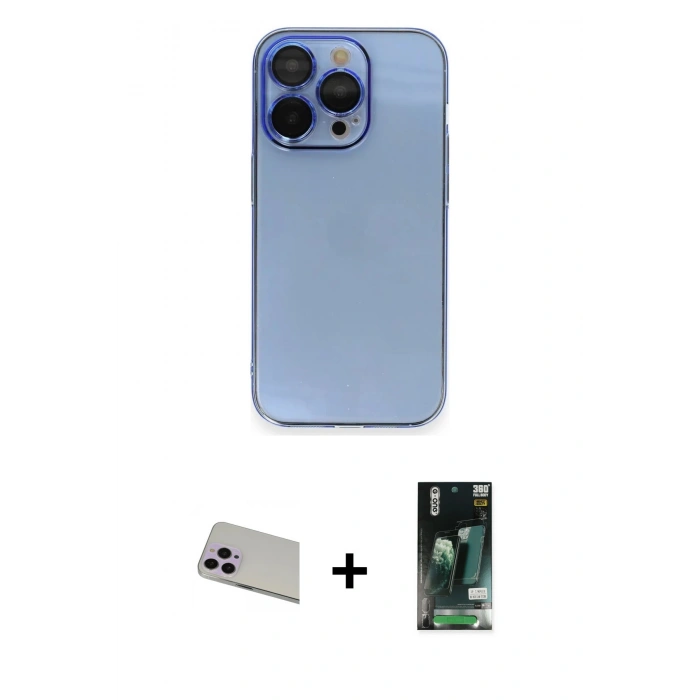 MARSİLYAN™- iPhone 13 Pro Max Kılıf Siluet Minimal Özel Seri - Şeffaf 360 Full Body Arka Koruyucu + Mor Rainbow Kamera Lens Koruma Cam