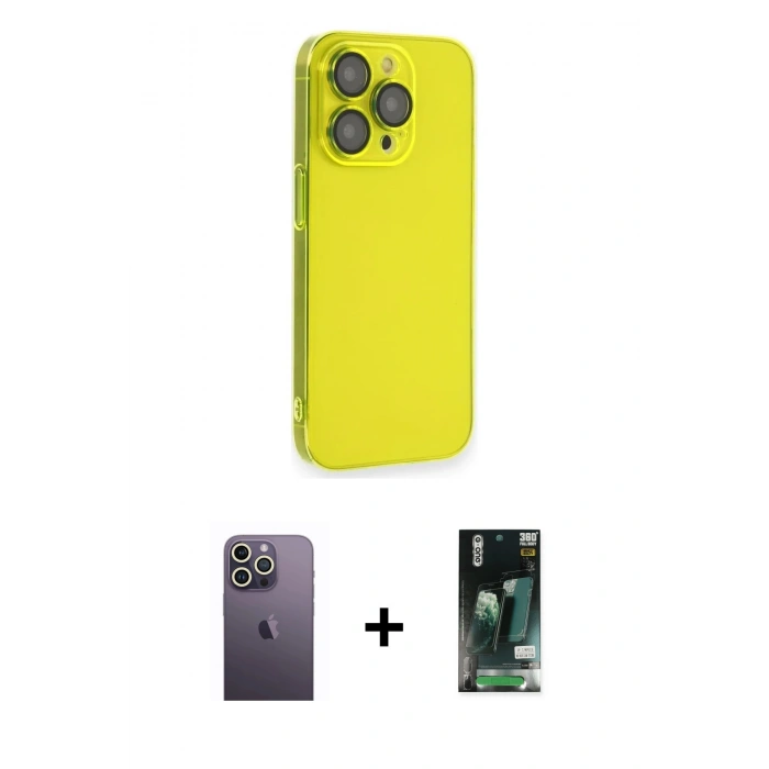 MARSİLYAN™- iPhone 13 Pro Max Kılıf Siluet Minimal Özel Seri - Şeffaf 360 Full Body Arka Koruyucu + Neon Fosforlu Kamera Lens - BZ