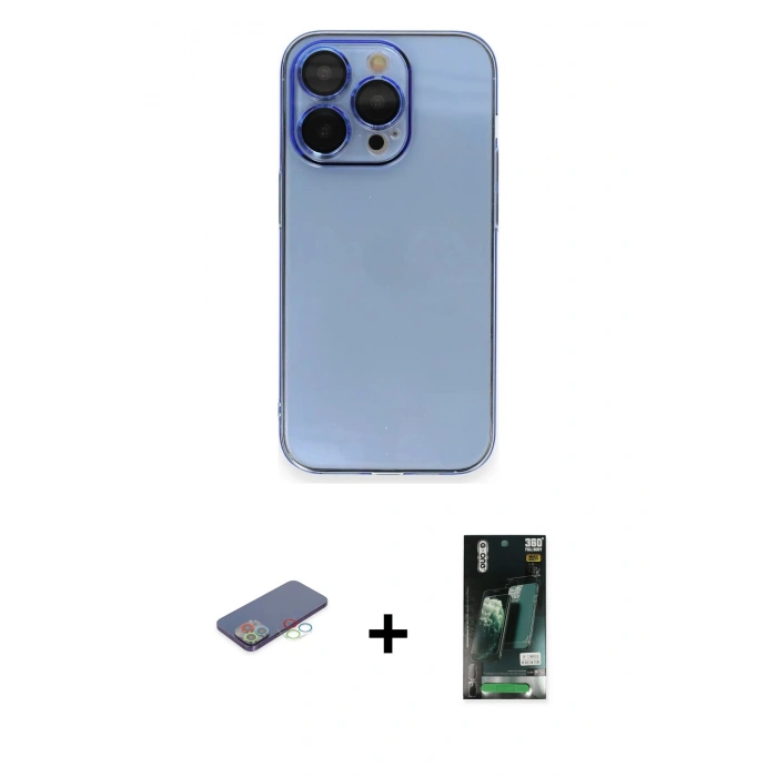 MARSİLYAN™- iPhone 13 Pro Max Kılıf Siluet Minimal Özel Seri - Şeffaf 360 Full Body Arka Koruyucu + Renkli Kamera Lens Koruma Cam - MI