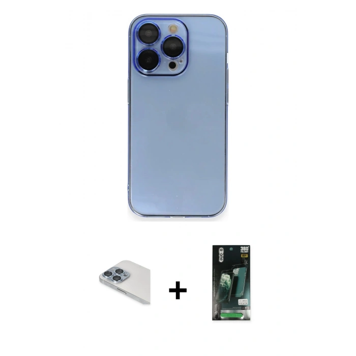 MARSİLYAN™- iPhone 13 Pro Max Kılıf Siluet Minimal Özel Seri - Şeffaf 360 Full Body Arka Koruyucu + Sierra Blue Pers Alüminyum Kamera Lens