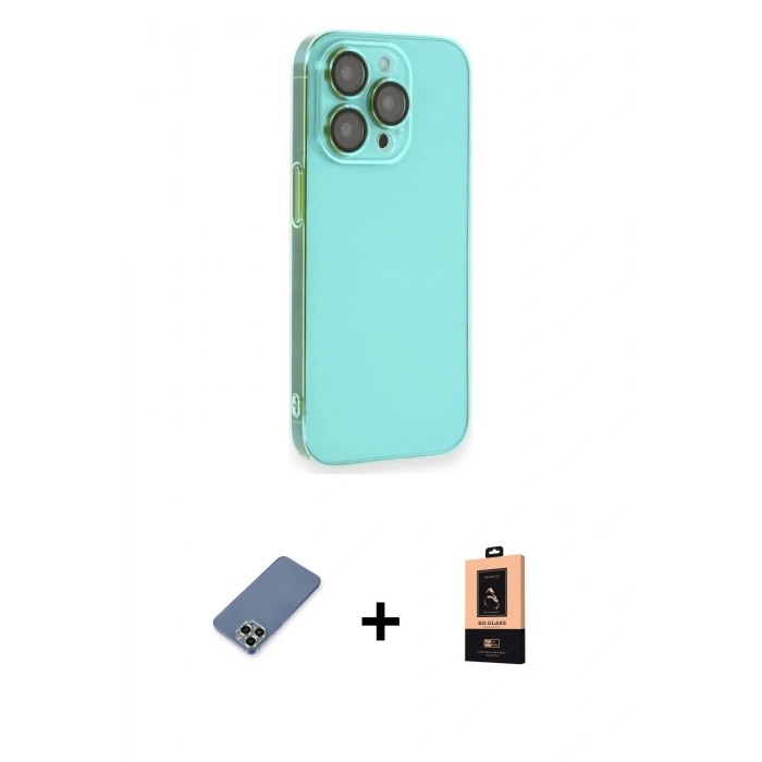 MARSİLYAN™- iPhone 13 Pro Max Kılıf Siluet Minimal Özel Seri - Şeffaf Maxco Cam Ekran Koruyucu + Açık Yeşil Metal Kamera Lens Koruma Cam