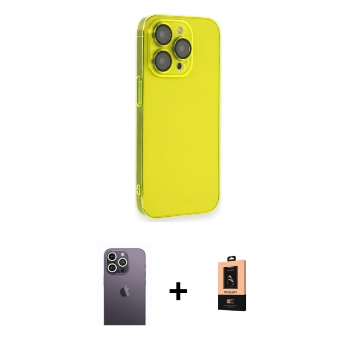 MARSİLYAN™- iPhone 13 Pro Max Kılıf Siluet Minimal Özel Seri - Şeffaf Maxco Cam Ekran Koruyucu + Neon Fosforlu Kamera Lens - BZ