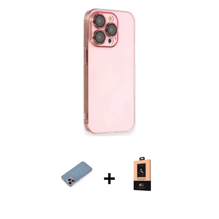 MARSİLYAN™- iPhone 13 Pro Max Kılıf Siluet Minimal Özel Seri - Şeffaf Maxco Cam Ekran Koruyucu + Pembe Shine Kamera Lens Koruma Cam