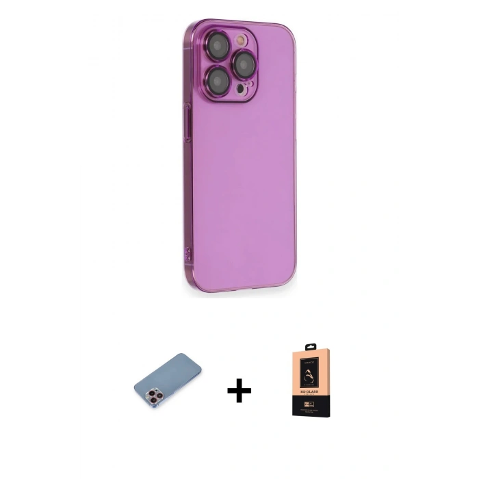 MARSİLYAN™- iPhone 13 Pro Max Kılıf Siluet Minimal Özel Seri - Şeffaf Maxco Cam Ekran Koruyucu + Pembe Shine Kamera Lens Koruma Cam