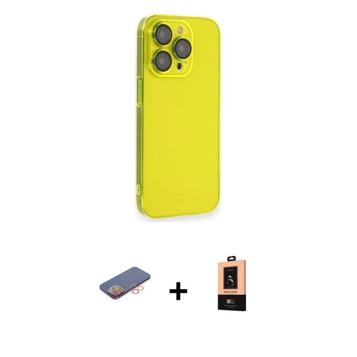 MARSİLYAN™- iPhone 13 Pro Max Kılıf Siluet Minimal Özel Seri - Şeffaf Maxco Cam Ekran Koruyucu + Turuncu Renkli Kamera Lens Koruma Cam