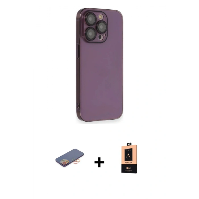 MARSİLYAN™- iPhone 13 Pro Max Kılıf Siluet Minimal Özel Seri - Şeffaf Maxco Cam Ekran Koruyucu + Turuncu Renkli Kamera Lens Koruma Cam