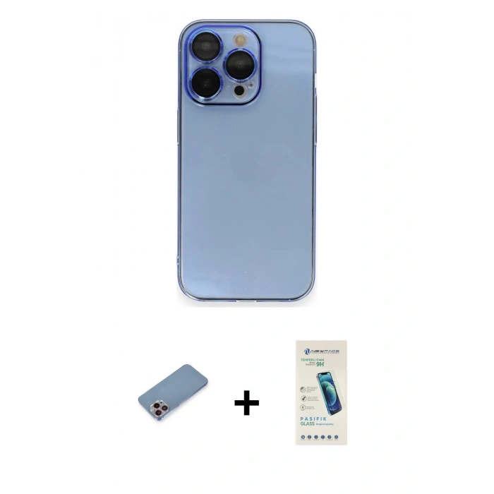 MARSİLYAN™- iPhone 13 Pro Max Kılıf Siluet Minimal Özel Seri - Şeffaf Pasifik Cam Ekran Koruyucu + Pembe Shine Kamera Lens Koruma Cam