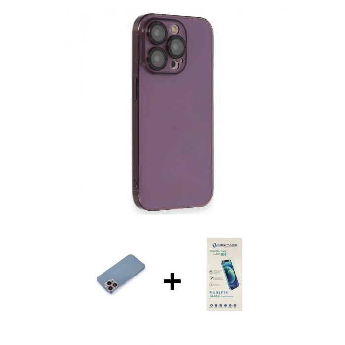 MARSİLYAN™- iPhone 13 Pro Max Kılıf Siluet Minimal Özel Seri - Şeffaf Pasifik Cam Ekran Koruyucu + Pembe Shine Kamera Lens Koruma Cam