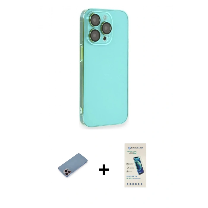 MARSİLYAN™- iPhone 13 Pro Max Kılıf Siluet Minimal Özel Seri - Şeffaf Pasifik Cam Ekran Koruyucu + Pembe Shine Kamera Lens Koruma Cam