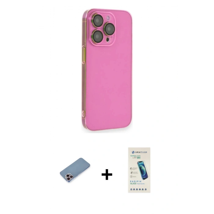 MARSİLYAN™- iPhone 13 Pro Max Kılıf Siluet Minimal Özel Seri - Şeffaf Pasifik Cam Ekran Koruyucu + Pembe Shine Kamera Lens Koruma Cam