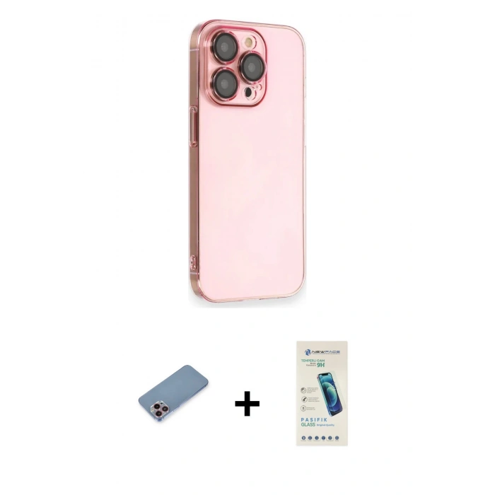 MARSİLYAN™- iPhone 13 Pro Max Kılıf Siluet Minimal Özel Seri - Şeffaf Pasifik Cam Ekran Koruyucu + Pembe Shine Kamera Lens Koruma Cam