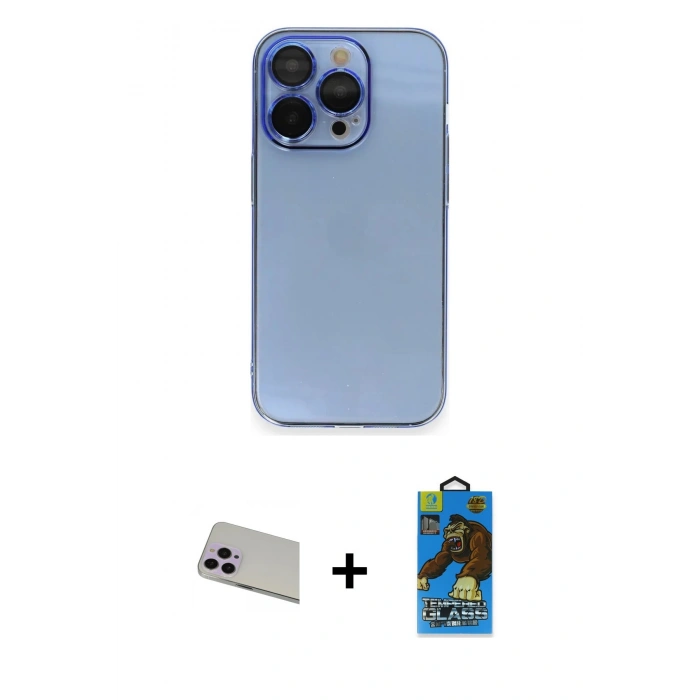 MARSİLYAN™- iPhone 13 Pro Max Kılıf Siluet Minimal Özel Seri - Siyah 18D Cam Ekran Koruyucu + Mor Rainbow Kamera Lens Koruma Cam