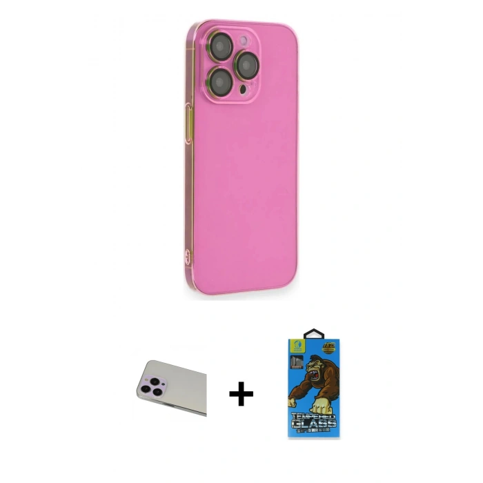 MARSİLYAN™- iPhone 13 Pro Max Kılıf Siluet Minimal Özel Seri - Siyah 18D Cam Ekran Koruyucu + Mor Rainbow Kamera Lens Koruma Cam