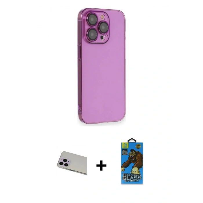 MARSİLYAN™- iPhone 13 Pro Max Kılıf Siluet Minimal Özel Seri - Siyah 18D Cam Ekran Koruyucu + Mor Rainbow Kamera Lens Koruma Cam