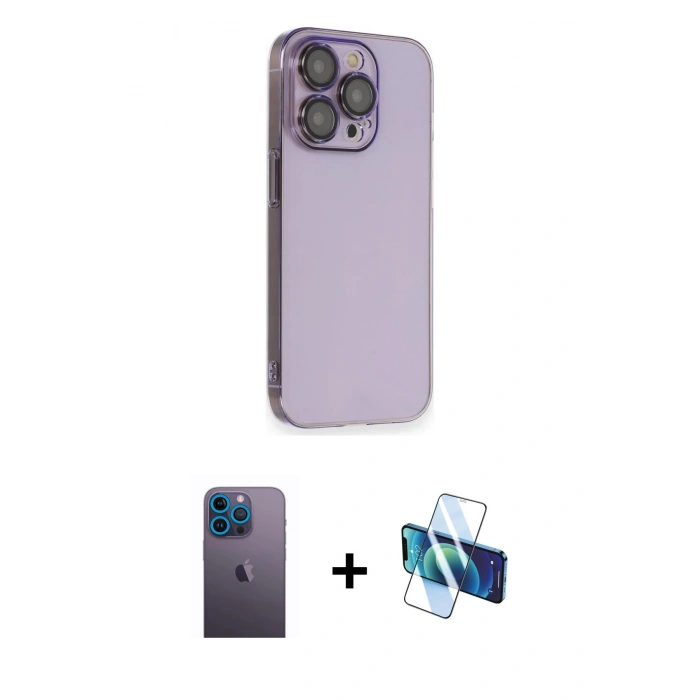 MARSİLYAN™- iPhone 13 Pro Max Kılıf Siluet Minimal Özel Seri - Siyah 3D Antistatik Cam Ekran Koruyucu + Neon Fosforlu Kamera Lens - MI
