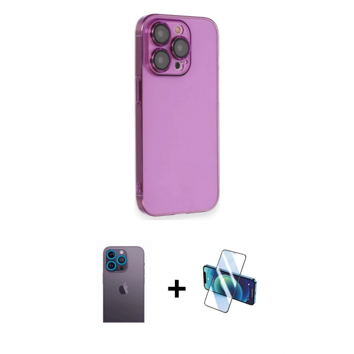 MARSİLYAN™- iPhone 13 Pro Max Kılıf Siluet Minimal Özel Seri - Siyah 3D Antistatik Cam Ekran Koruyucu + Neon Fosforlu Kamera Lens - MI