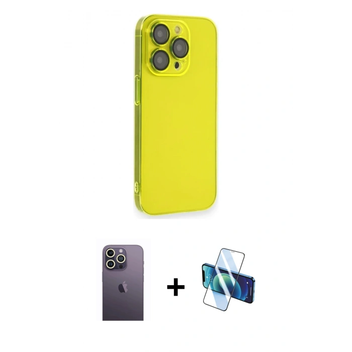 MARSİLYAN™- iPhone 13 Pro Max Kılıf Siluet Minimal Özel Seri - Siyah 3D Antistatik Cam Ekran Koruyucu + Neon Fosforlu Kamera Lens - BZ