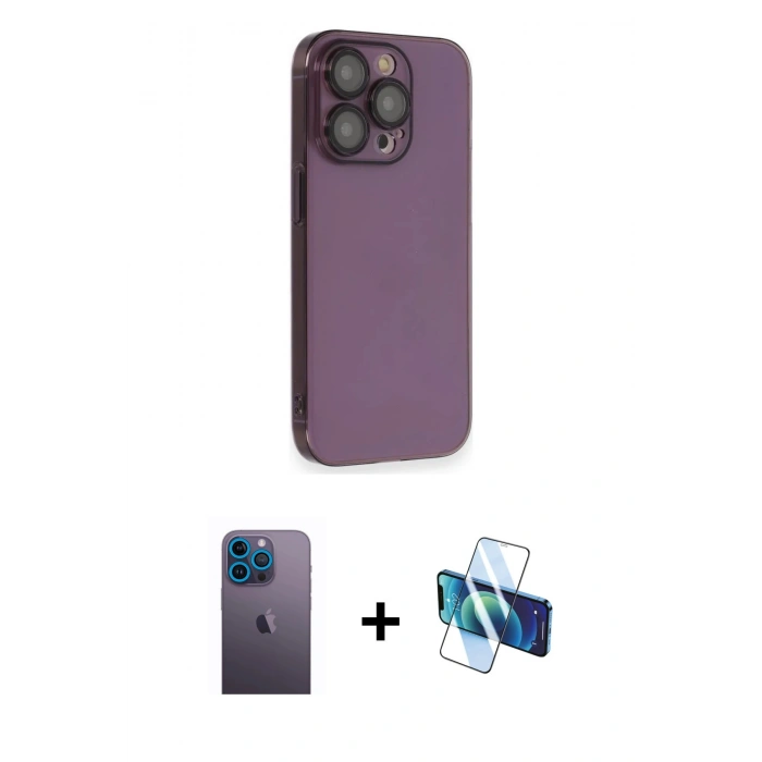 MARSİLYAN™- iPhone 13 Pro Max Kılıf Siluet Minimal Özel Seri - Siyah 3D Antistatik Cam Ekran Koruyucu + Neon Fosforlu Kamera Lens - MI