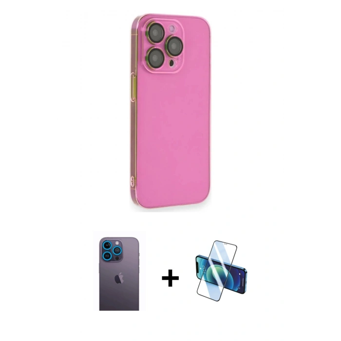 MARSİLYAN™- iPhone 13 Pro Max Kılıf Siluet Minimal Özel Seri - Siyah 3D Antistatik Cam Ekran Koruyucu + Neon Fosforlu Kamera Lens - MI