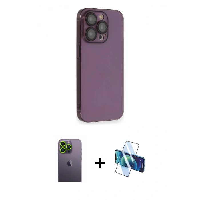 MARSİLYAN™- iPhone 13 Pro Max Kılıf Siluet Minimal Özel Seri - Siyah 3D Antistatik Cam Ekran Koruyucu + Neon Fosforlu Kamera Lens - YL
