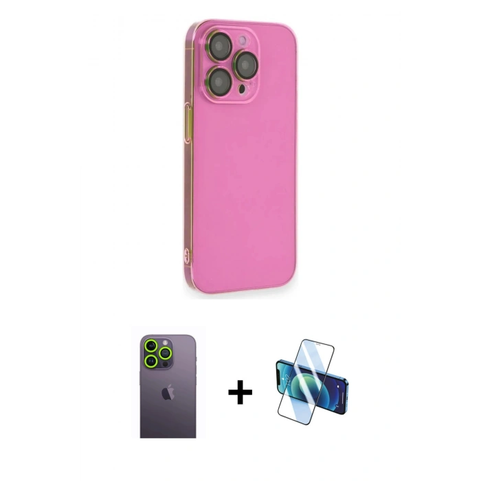 MARSİLYAN™- iPhone 13 Pro Max Kılıf Siluet Minimal Özel Seri - Siyah 3D Antistatik Cam Ekran Koruyucu + Neon Fosforlu Kamera Lens - YL