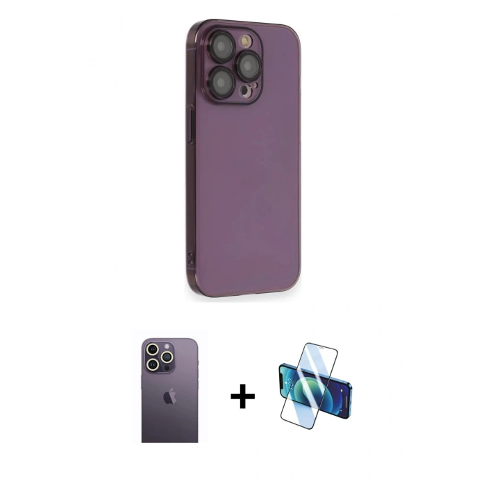 MARSİLYAN™- iPhone 13 Pro Max Kılıf Siluet Minimal Özel Seri - Siyah 3D Antistatik Cam Ekran Koruyucu + Neon Fosforlu Kamera Lens - BZ