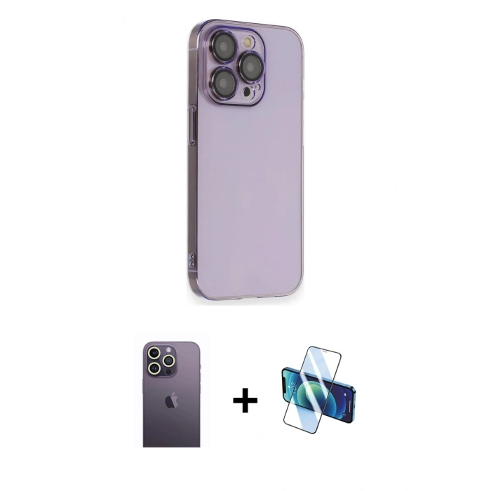 MARSİLYAN™- iPhone 13 Pro Max Kılıf Siluet Minimal Özel Seri - Siyah 3D Antistatik Cam Ekran Koruyucu + Neon Fosforlu Kamera Lens - BZ