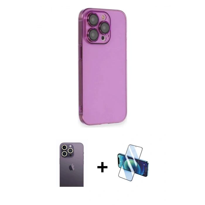 MARSİLYAN™- iPhone 13 Pro Max Kılıf Siluet Minimal Özel Seri - Siyah 3D Antistatik Cam Ekran Koruyucu + Neon Fosforlu Kamera Lens - BZ