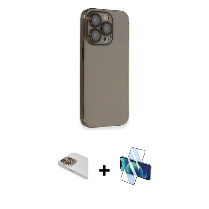 MARSİLYAN™- iPhone 13 Pro Max Kılıf Siluet Minimal Özel Seri - Siyah 3D Antistatik Cam Ekran Koruyucu + Pers Alüminyum Kamera Lens - GD