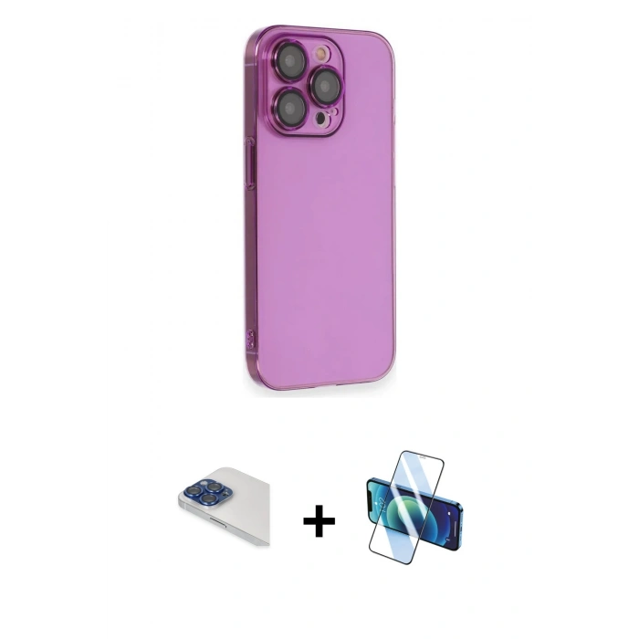 MARSİLYAN™- iPhone 13 Pro Max Kılıf Siluet Minimal Özel Seri - Siyah 3D Antistatik Cam Ekran Koruyucu + Pers Alüminyum Kamera Lens - LT