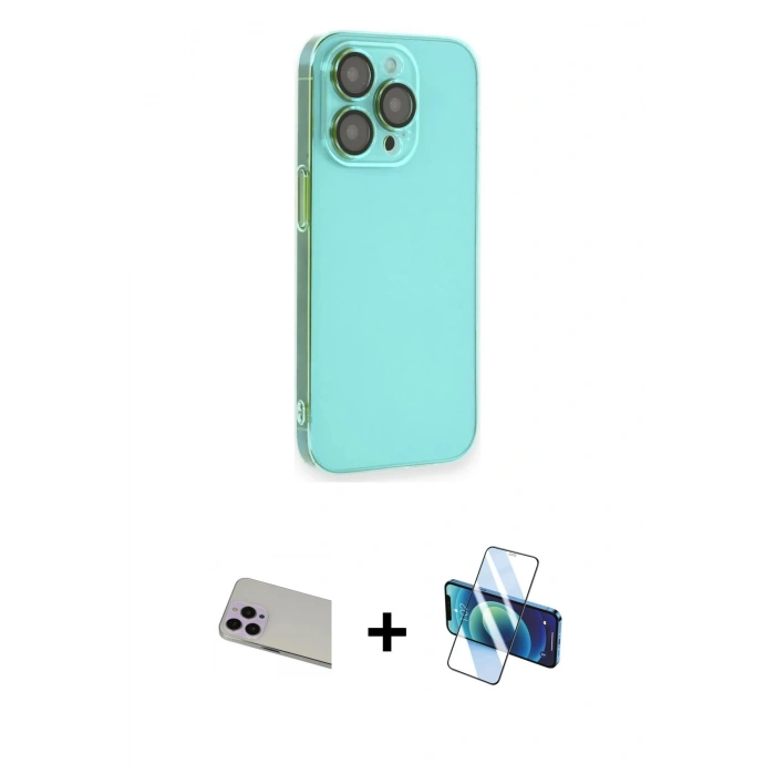 MARSİLYAN™- iPhone 13 Pro Max Kılıf Siluet Minimal Özel Seri - Siyah 3D Antistatik Cam Ekran Koruyucu + Rainbow Kamera Lens Koruma Cam - MR