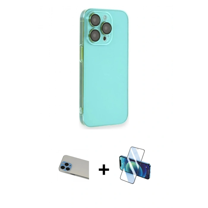 MARSİLYAN™- iPhone 13 Pro Max Kılıf Siluet Minimal Özel Seri - Siyah 3D Antistatik Cam Ekran Koruyucu + Rainbow Kamera Lens Koruma Cam - MI