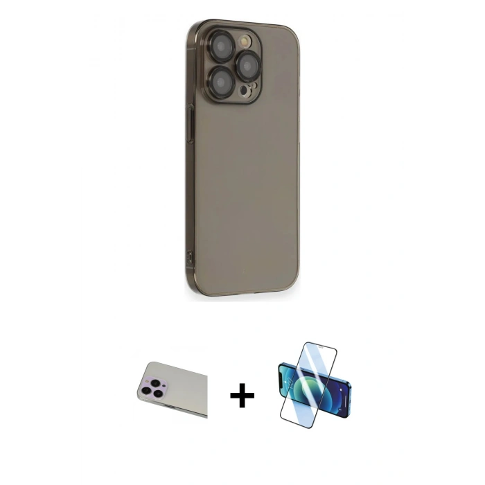 MARSİLYAN™- iPhone 13 Pro Max Kılıf Siluet Minimal Özel Seri - Siyah 3D Antistatik Cam Ekran Koruyucu + Rainbow Kamera Lens Koruma Cam - MR