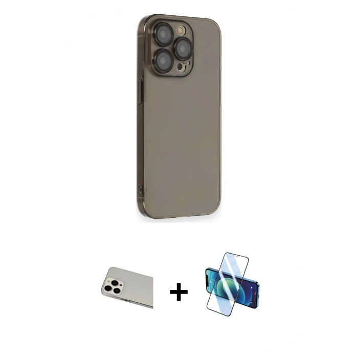MARSİLYAN™- iPhone 13 Pro Max Kılıf Siluet Minimal Özel Seri - Siyah 3D Antistatik Cam Ekran Koruyucu + Rainbow Kamera Lens Koruma Cam - BZ