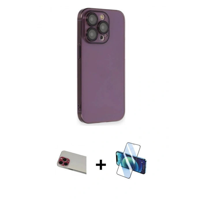 MARSİLYAN™- iPhone 13 Pro Max Kılıf Siluet Minimal Özel Seri - Siyah 3D Antistatik Cam Ekran Koruyucu + Rainbow Kamera Lens Koruma Cam - KI