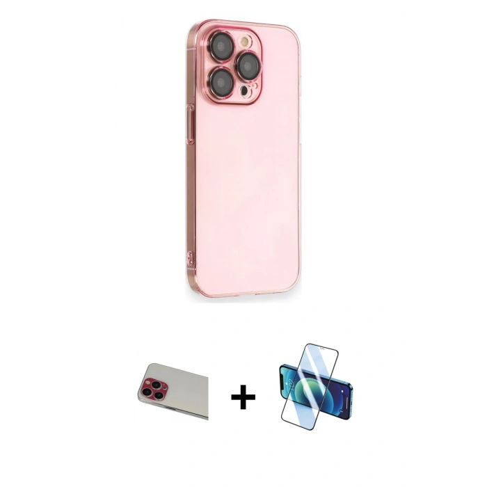 MARSİLYAN™- iPhone 13 Pro Max Kılıf Siluet Minimal Özel Seri - Siyah 3D Antistatik Cam Ekran Koruyucu + Rainbow Kamera Lens Koruma Cam - KI
