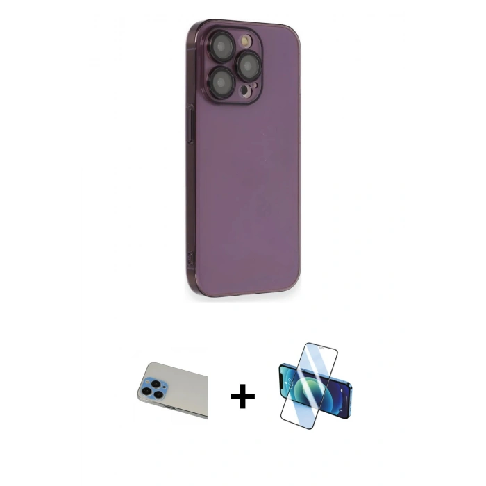 MARSİLYAN™- iPhone 13 Pro Max Kılıf Siluet Minimal Özel Seri - Siyah 3D Antistatik Cam Ekran Koruyucu + Rainbow Kamera Lens Koruma Cam - MI