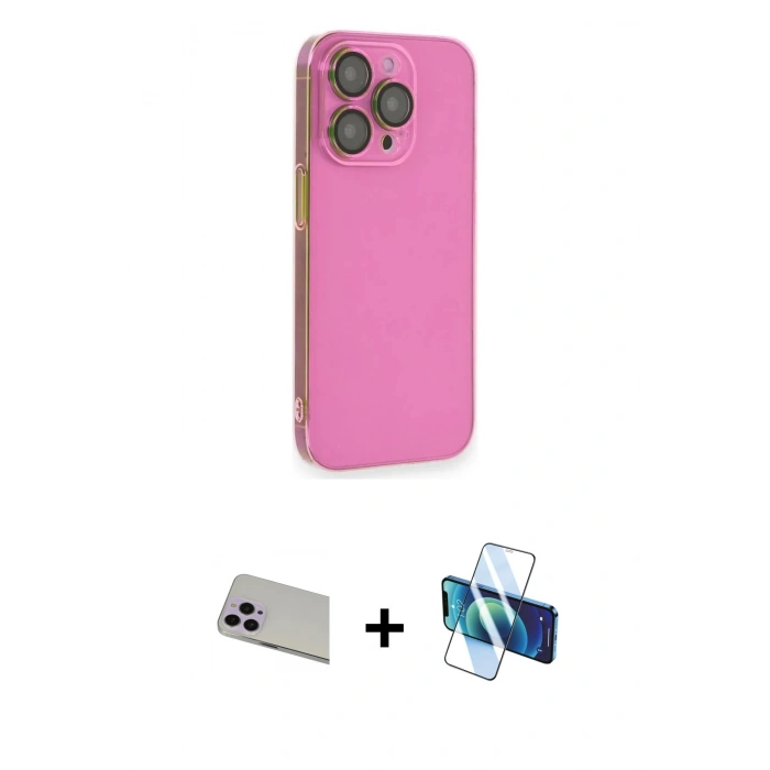 MARSİLYAN™- iPhone 13 Pro Max Kılıf Siluet Minimal Özel Seri - Siyah 3D Antistatik Cam Ekran Koruyucu + Rainbow Kamera Lens Koruma Cam - MR