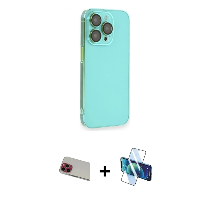 MARSİLYAN™- iPhone 13 Pro Max Kılıf Siluet Minimal Özel Seri - Siyah 3D Antistatik Cam Ekran Koruyucu + Rainbow Kamera Lens Koruma Cam - KI
