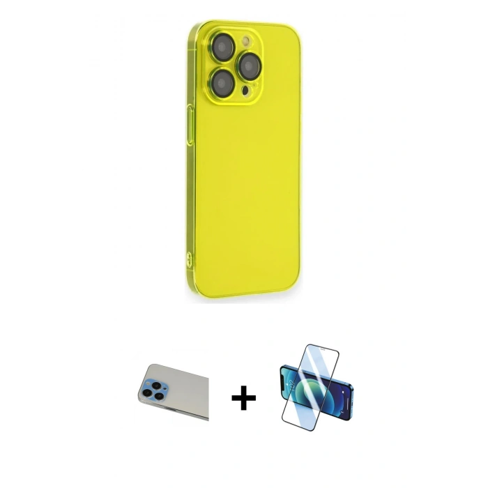 MARSİLYAN™- iPhone 13 Pro Max Kılıf Siluet Minimal Özel Seri - Siyah 3D Antistatik Cam Ekran Koruyucu + Rainbow Kamera Lens Koruma Cam - MI