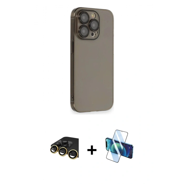 MARSİLYAN™- iPhone 13 Pro Max Kılıf Siluet Minimal Özel Seri - Siyah 3D Antistatik Cam Ekran Koruyucu + Raze Metal Kamera Lens - GD