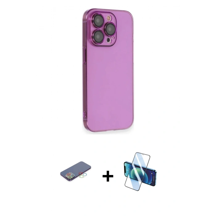 MARSİLYAN™- iPhone 13 Pro Max Kılıf Siluet Minimal Özel Seri - Siyah 3D Antistatik Cam Ekran Koruyucu + Renkli Kamera Lens Koruma Cam - MI