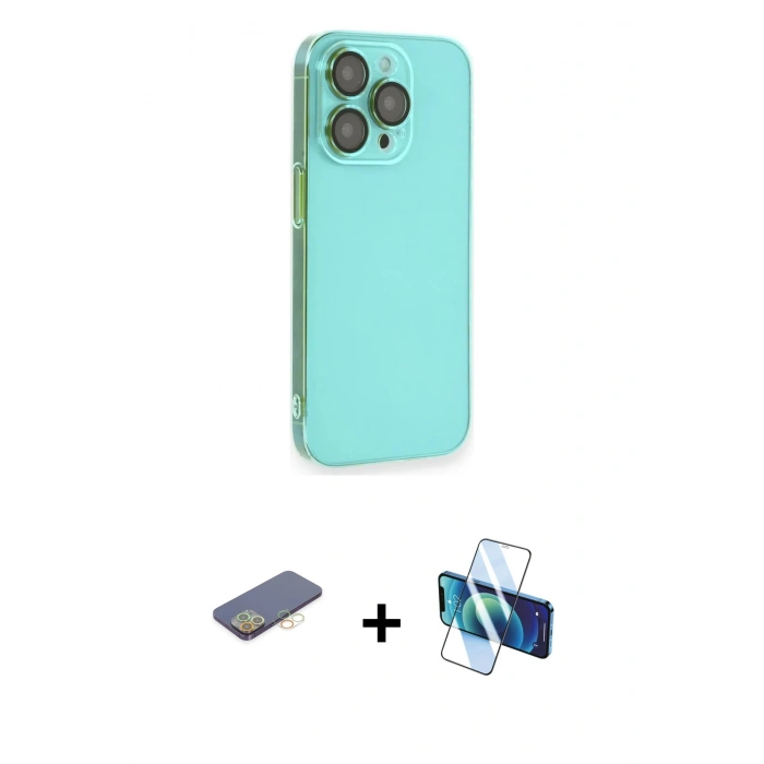 MARSİLYAN™- iPhone 13 Pro Max Kılıf Siluet Minimal Özel Seri - Siyah 3D Antistatik Cam Ekran Koruyucu + Renkli Kamera Lens Koruma Cam - SI