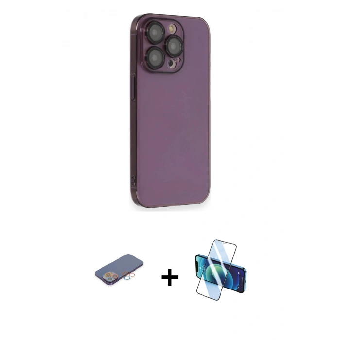 MARSİLYAN™- iPhone 13 Pro Max Kılıf Siluet Minimal Özel Seri - Siyah 3D Antistatik Cam Ekran Koruyucu + Renkli Kamera Lens Koruma Cam - PE