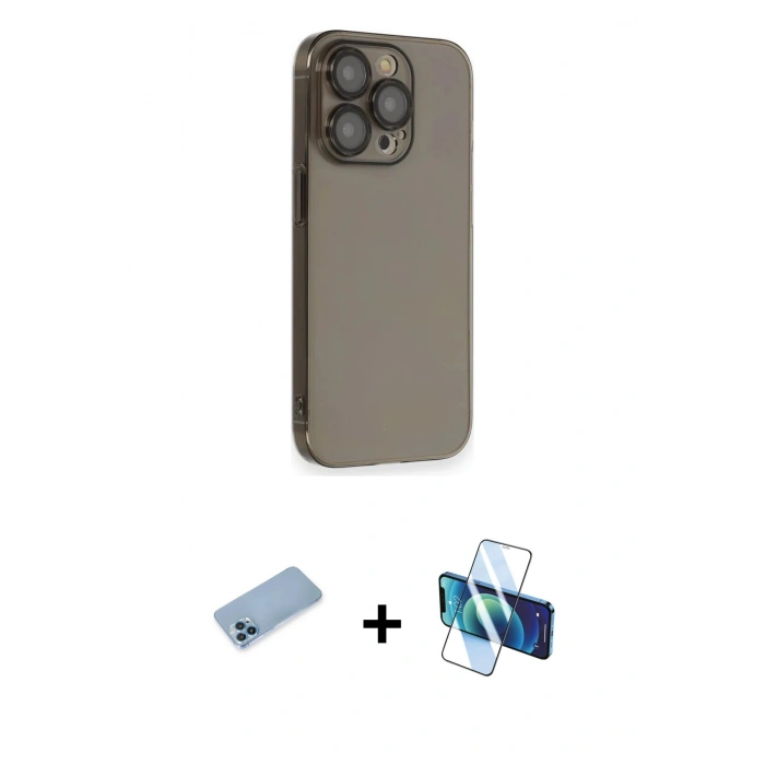MARSİLYAN™- iPhone 13 Pro Max Kılıf Siluet Minimal Özel Seri - Siyah 3D Antistatik Cam Ekran Koruyucu + Shine Kamera Lens Koruma Cam - MI