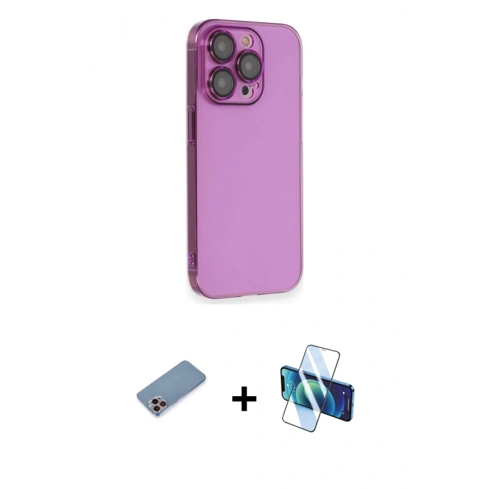 MARSİLYAN™- iPhone 13 Pro Max Kılıf Siluet Minimal Özel Seri - Siyah 3D Antistatik Cam Ekran Koruyucu + Shine Kamera Lens Koruma Cam - PE