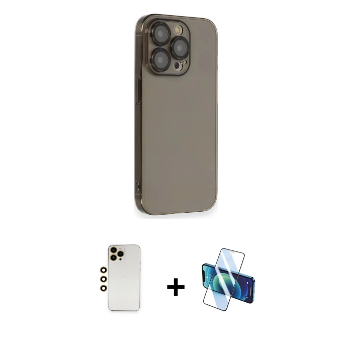 MARSİLYAN™- iPhone 13 Pro Max Kılıf Siluet Minimal Özel Seri - Siyah 3D Antistatik Cam Ekran Koruyucu + Shine Kamera Lens - GD